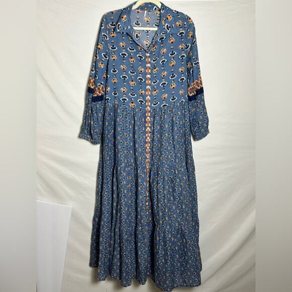NWOT Free People Blue Boho Print Kaftan Dress-S - Picture 2 of 5